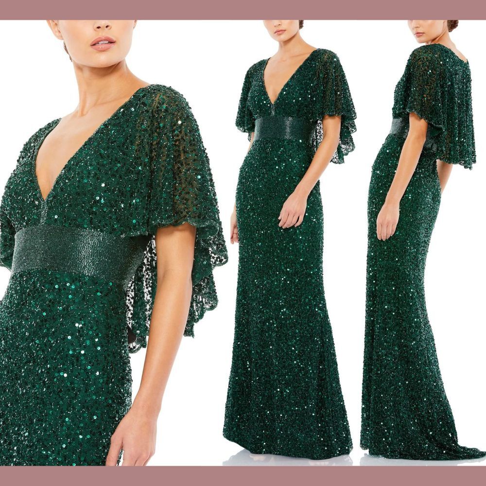 NWT $698 Mac Duggal [ 10 ] Sequined V‎ Neck Cape Sleeve Beaded Gown Green #S1171